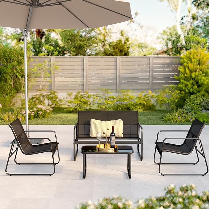Gizoon 4 Piece Patio Furniture Set, Outdoor Patio Furniture with Loveseat and 2 Single Chairs, Bistro Table and Chairs Set for Backyard, Balcony, Lawn,Black