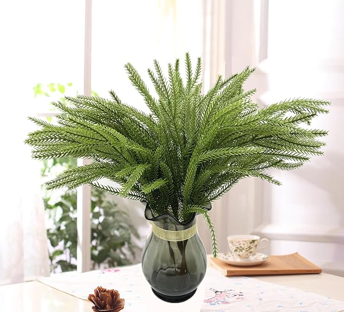 Artificial Norfolk Pine Branches Fake Greenery Realistic Plant Stems 18 Inch, Faux Pine Picks Real Touch Plastic Shrubs for Home Decor Vase Filler Indoor Outdoor Wreath DIY Christmas Decoration 4 Pack