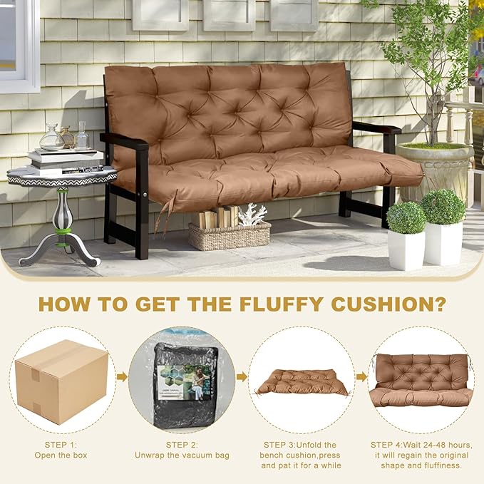 60" Porch Swing Cushion with Backrest, Waterproof Outdoor Bench Swing Cushions 3 Seater Replacement Thickened Swing Cushions with Ties for Patio Garden Backyard,Light Coffee,60x40in