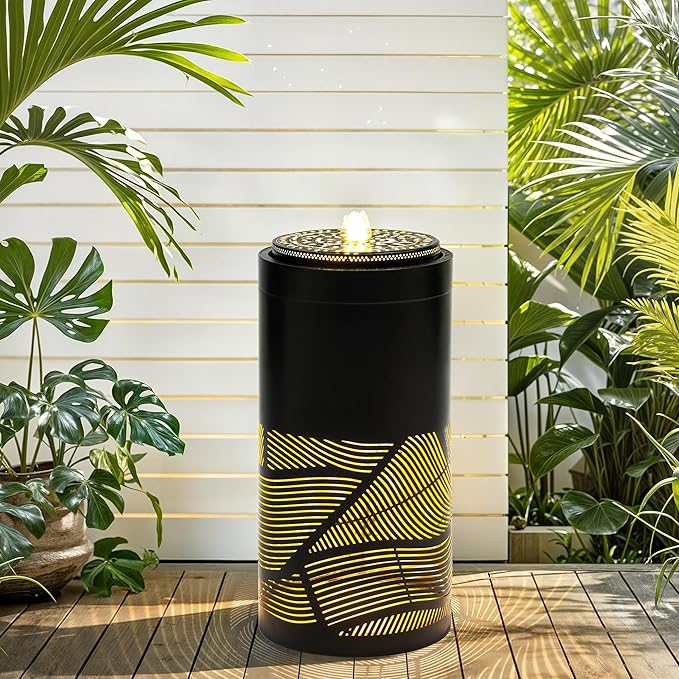 23.6" Outdoor Water Fountain with LED Lights, Metal Cutout Geometric Patterns Modern Garden Fountain with Pump, Soothing Cascading Water Flow for Patio, Deck, Porch Décor