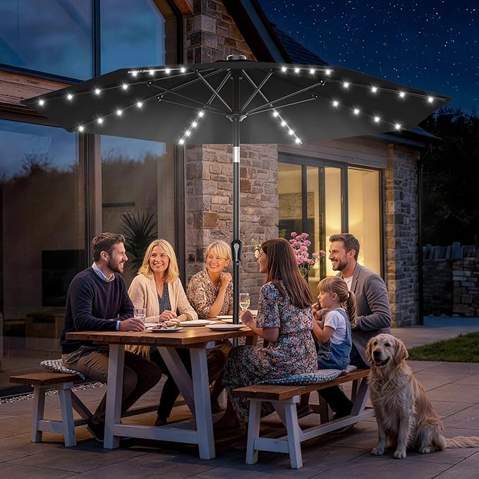AreShark 9FT Patio Umbrella with Solar Lights, 32 LED Lighted Pool Umbrella w/Tilt and Crank, Outdoor Market Solar Umbrellas for Garden, Deck, Backyard, Pool and Beach, Black