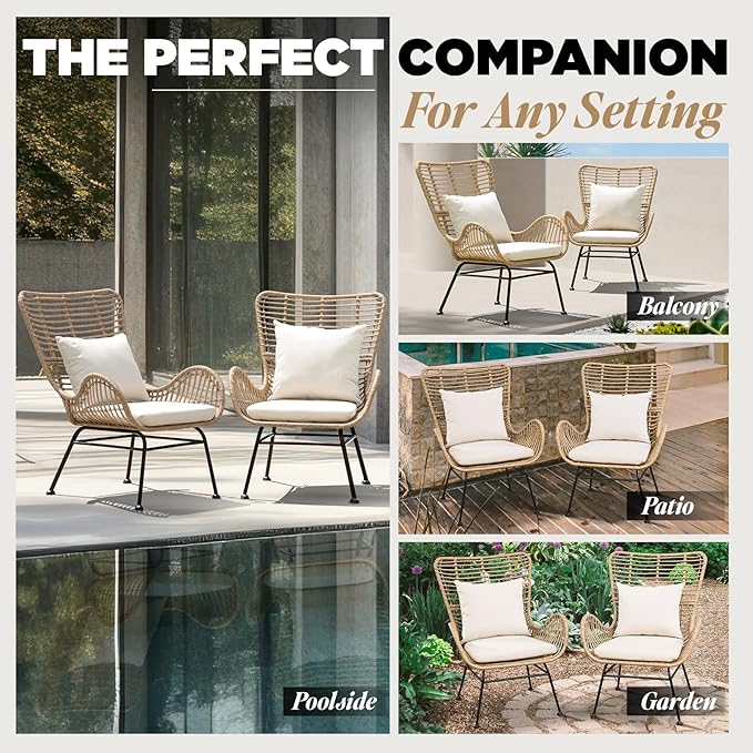 IDZO Isabelle Wicker Chairs Set of 2, 2000 Hours UV Wicker Rattan Chair, 500lbs Capacity Boho Patio Chairs with Thick Olefin Cushions and Pillows for Patio, Indoor Use