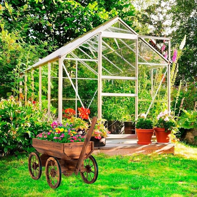 Wood Wagon Planter for Outdoor Balcony Decor - Garden Rustic Wooden Flower Cart with Wheels for Outside - Decorative Indoor - Wheelbarrow Planter for Patio -Reinforced Wheel