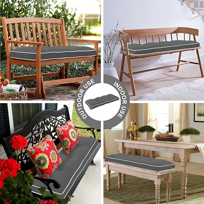 Favoyard Indoor/Outdoor Bench Cushion 48 x 16 Inch Waterproof & 3-Year Fade-Resistant Patio Furniture Cushions for Garden Porch Swing Chair Tufted Pad for Sofa Couch Seat with Ties, Dark Grey
