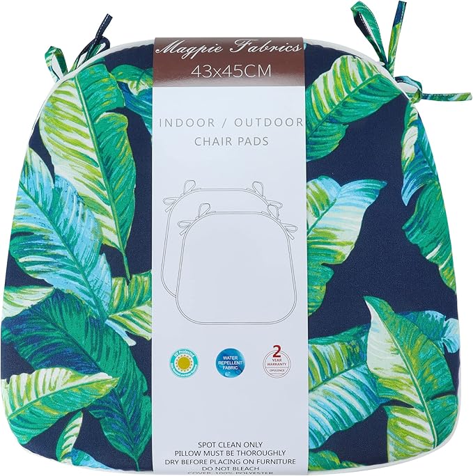 Magpie Fabrics 17"x16"x2" U-Shape Chair Cushions with Ties 2 Count, Outdoor Indoor Waterproof All Weather Seat Pads Decoration for Patio Garden Dining Office - Green Lagoon Leaves