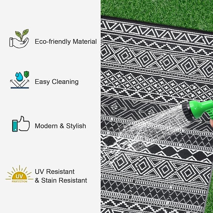 GarveeLife Extra Large Waterproof Outdoor Rug 10x20 UV Resistant Reversible Plastic Straw Rug Modern Geometric Outdoor Patio Rugs for Balcony Backyard, Black & White