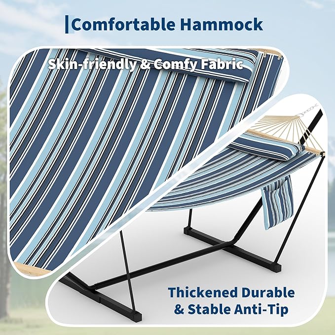 GarveeLife Outdoor Double Hammock with Heavy Duty Adjustable Steel Stand, Portable 2 Person Hammock for Patio Garden Beach Backyard