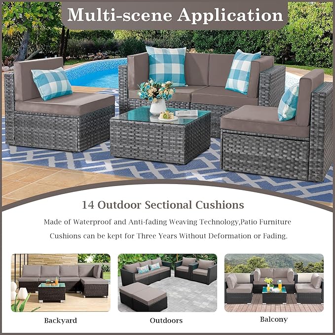 Outdoor Sectional Cushions, 4" Foam High-Density, Water-Resistant Couch Cushions Replacement Set, 14 Piece Patio Sectional Cushion for 6-Seat Sectional Patio Conversation Sets (Khaki)
