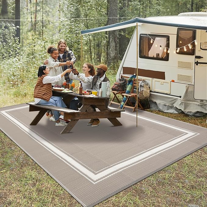 COZYLOOM Waterproog Outdoor Rug 10x14 Reversible Plastic Straw Rug for Patio, Reversible Indoor Outdoor Rugs Foldable RV Camping Picnic Mat with Portable Bag & 4 Stakes, UV Resistant & Easy to Clean