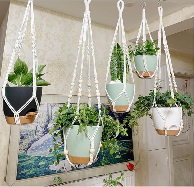 Hanging Planters with Macrame Plant Hangers for Indoor Outdoor Plants, 3 Set Hanging Baskets Flower Pots Holders 35''/27''/21'', Self-Watering Pots 7''/6''/5.5'', Boho Home Decor, White
