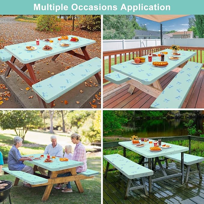 Play Tailor Picnic Table Cover with Bench Covers Camping Essentials Waterproof Windproof Camping Tablecloth with Drawstring Bag, Fitted Rectangle Tables and Seats, 72in, Blue Bow