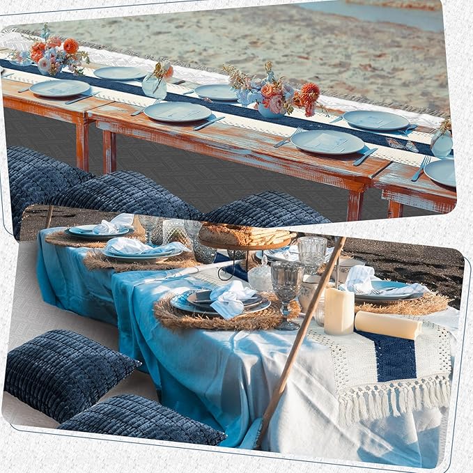 Extra Large Outdoor Boho Picnic Blanket 91'' x 71'' Blue Table Runner 6 Throw Pillow Cover Woven Cotton Yarn Oversize Beach Blanket Washable for Picnic Camp Wedding
