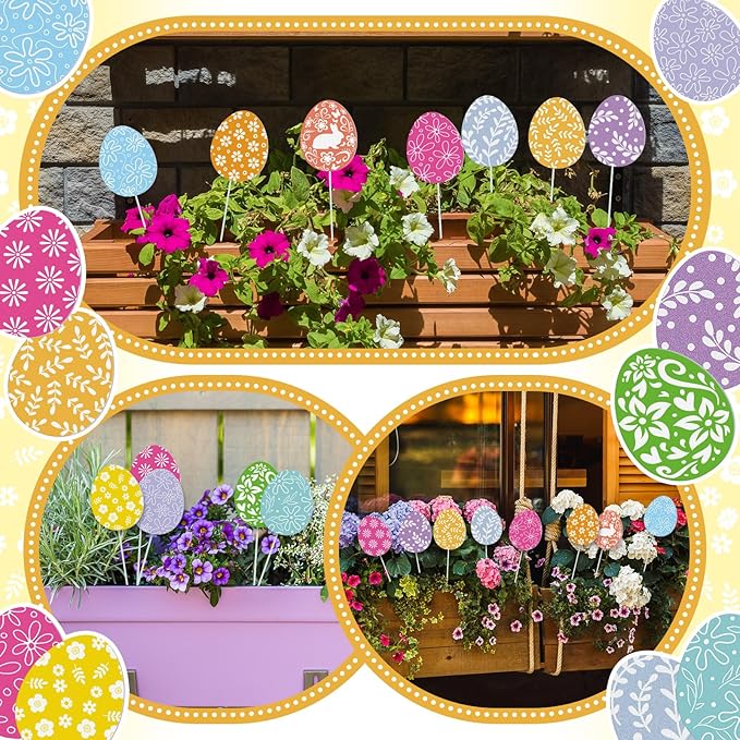 12 Pcs Colorful Easter Eggs Yard Signs with Stakes, Double Sided Easter Yard Stakes for Planter, Waterproof Cute Outdoor Decorations for Garden Lawn Patio Church Party Favor