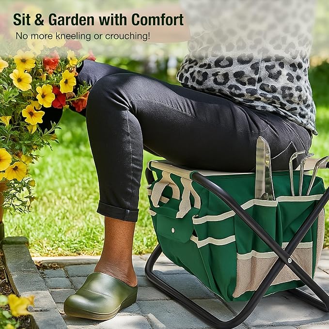 GardenHOME 7-Piece Green Gardening Tool Set – Stainless Steel Tools with Wooden Handles, Folding Stool & Canvas Tote, Durable Garden Kit for Women and Beginners