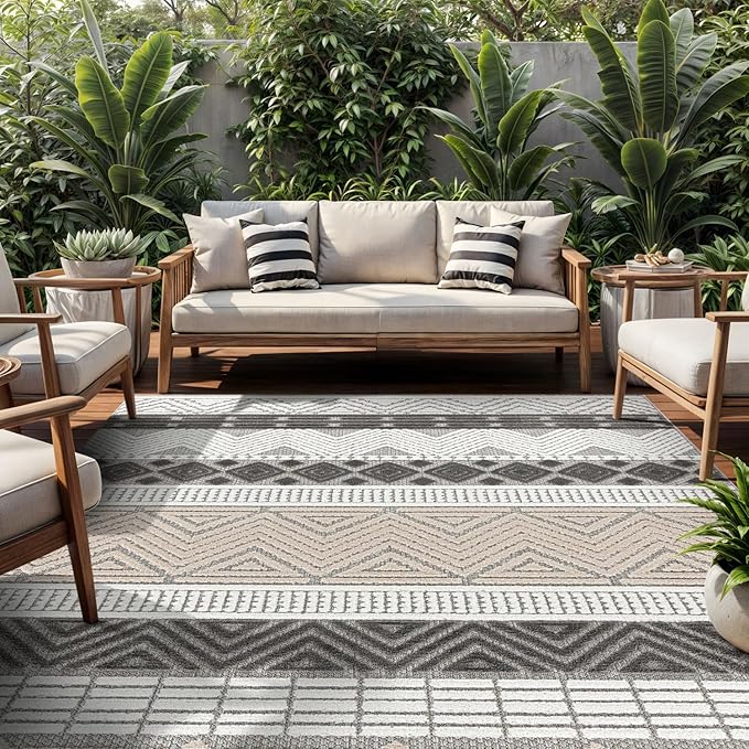 Rugshop Gray Marbella Boho Indoor/Outdoor Area Rug, Machine Washable for Patio, Porch and Dining Area 6'6" x 9'