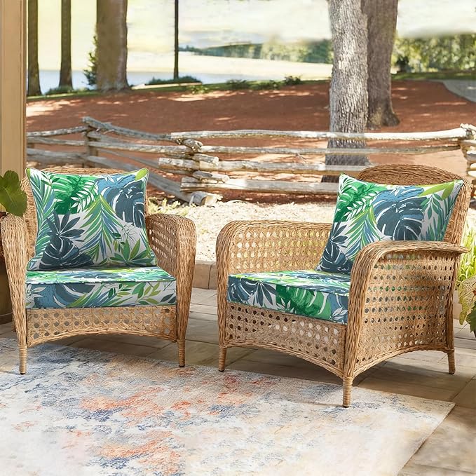 Outdoor Deep Seat Cushion Set, Water Repellent 24"x24" Patio Thick Cushions Replacement with Seat & Back Pillow for Patio Sofa, Wicker Chair, Couch - Islamorada Blue Green