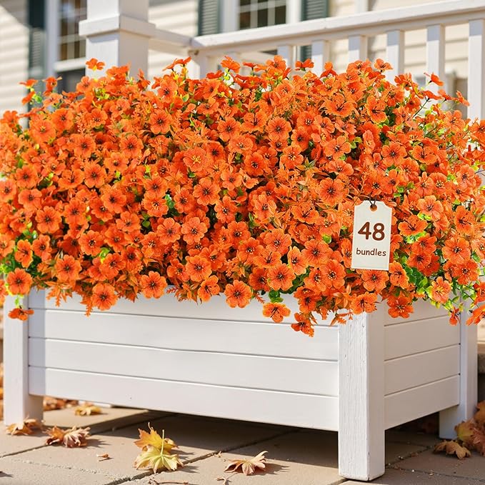 SHareconn 48 Bundles Artificial Flowers for Outdoors Decoration, Faux Plants Fake Silk Colorful Daisy Eucalyptus Lavender, UV Resistant for Outside Home Porch Patio Indoor Spring Decor, Orange