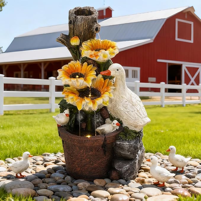 19" Water Fountain Indoor Outdoor, 4-Tier Sunflower & Duck Design with LED Lights and Cascading Waterfalls, Rustic Decor for Garden, Yard, Patio, Flowerbed & Farmhouse