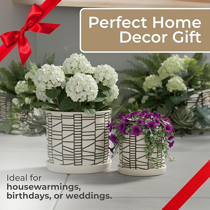 Set of 2 Geometric Decorative Ceramic Planter Pots with Saucer – Stoneware Outdoor & Indoor Plant Pots with Drainage – Modern Garden & Home Decor Ceramic Planters – 6" & 8", Ivory