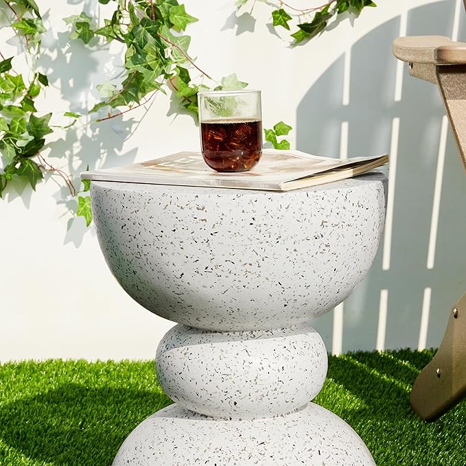 Glitzhome Outdoor Side Tables Set of 2, Heavy Duty Patio Sturdy Faux Terrazzo Decorative Garden Stool Planter Stand for Indoor Covered Outdoor, 17.25" H, Faux White