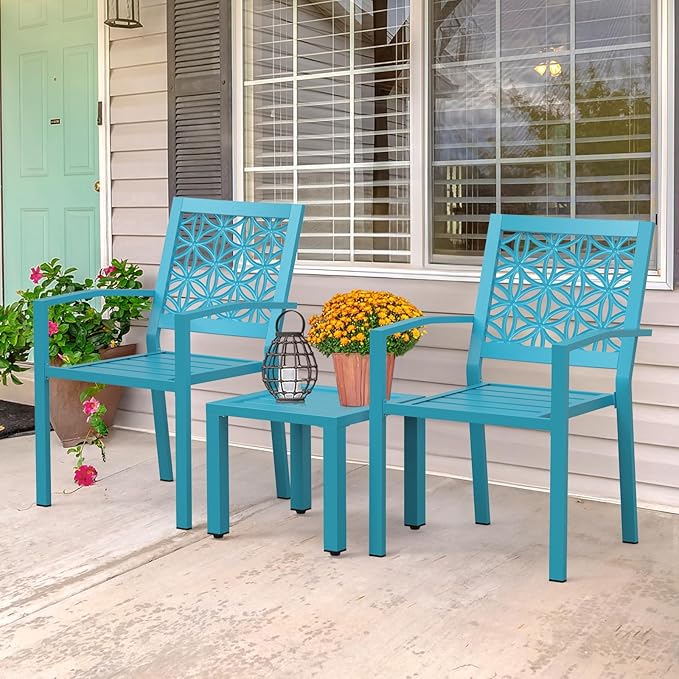 VINGLI 3-Piece Outdoor Bistro Set, Stackable Modern Metal Steel Table and Chairs with Rust-Resistant Coating, Small Patio Furniture Conversation Set for Porch, Deck, Balcony, Garden, Blue