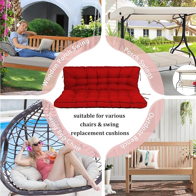 2-3 Seat Swing Replacement Cushion, Outdoor Bench Cushions with Backrest Thicken 4", Patio Furniture Garden Porch Loveseat Glider Pad Anti-Fading Waterproof (Red, 40x63in-thicken)