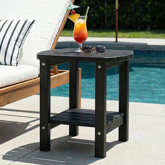 PASAMIC 2-Tier Adirondack Oval Outdoor Side Table, HDPE Small Outdoor Table, Patio End Table for Patio, Backyard, Weather-Resistant (Black)