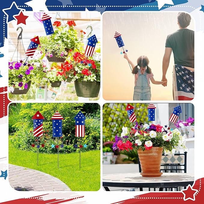Pickmesh 6 Pcs 12" H Patriotic Metal Yard Sign Patriotic Fireworks Garden Stake 250th Anniversary USA Flag American Yard Sign for Memorial Day Outdoor Decor 4th of July Independence Day Decoration