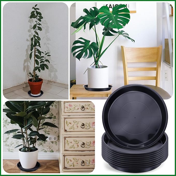 Sawysine 15 Pack Plastic Plant Saucer Round Drip Trays Black Flower Pot Saucers Thick Plant Dish Sturdy Water Tray Heavy Drainage Potted Container for Indoor Outdoor Garden (10 Inches)