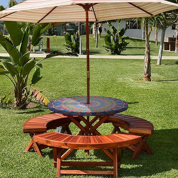 Fitted Round Outdoor Table Covers with Umbrella Hole and Zipper Reusable Water Resistant Tablecloths for 36-44" Tables Glamping Car Road Trip Gear Retirement Gift for Mom Dad Grandpa Grandma