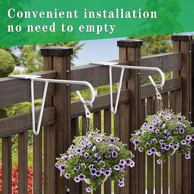 moonoom 2 Pack Adjustable Vinyl Fence Hooks,5 x 10 Inches Durable White Patio Hooks Coated Steel Fence Hangers for Hanging Flower Baskets, Wind Chimes, Planters, Lights (2pcs White)