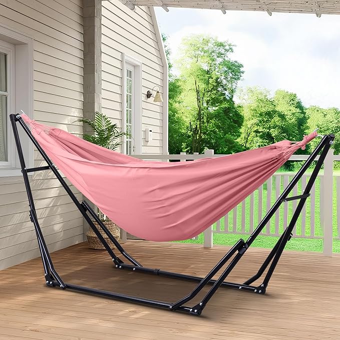 Ainfox Hammock with Foldable Stand, 2 in 1 Hammock and Swinging Chair with Carrying Bag, Portable Camping Chair Suitable for Outside, Swing,Patio,Garden,Camping Trip Pink