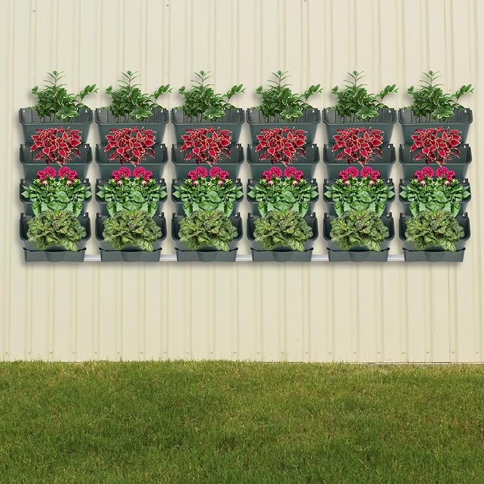 Vertical Wall Planter with 24 Pots, Hanging Garden Plant Flowerpot Holder, Stackable Wall-Mounted Planter, Balcony Planters for Flowers Vegetables Fruits (Army Green, 24 Pots+6 Drainage Planters&Pipe)