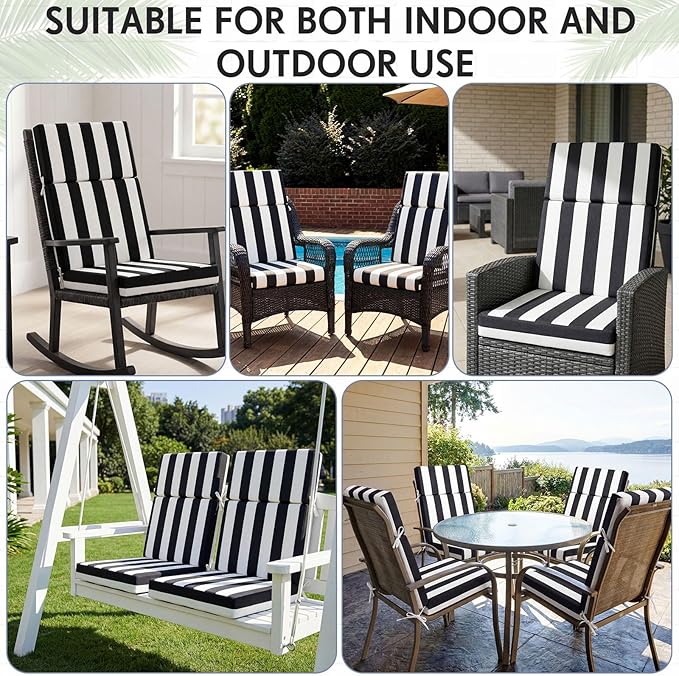 4 Pack Outdoor High Back Chair Cushion, 44 x 20 inches Patio Chair Cushions Waterproof Rocking Cushions Indoor Furniture Seat Pad, Weather Resistant (Stripe,Black White)
