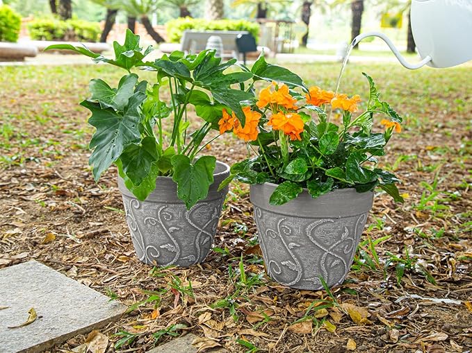 Melphoe Plant Pots Indoor with Drainage & Saucer, 2Pack 7/8 inch Flower Pots Outdoor Planters for Indoor Plants Garden Home Decor Cactus Succulent, Rigid Plastic (Imitation-Terracotta) Vine-Embossed