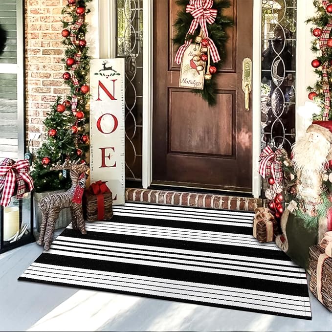 OJIA Black and White Striped Outdoor Rug 24''x51'' Washable Front Door Mat Outdoor Entry Rug Doormat Outside Door Mat Cotton Woven Indoor Area Rugs for Porch/Entryway/Entrance Decor