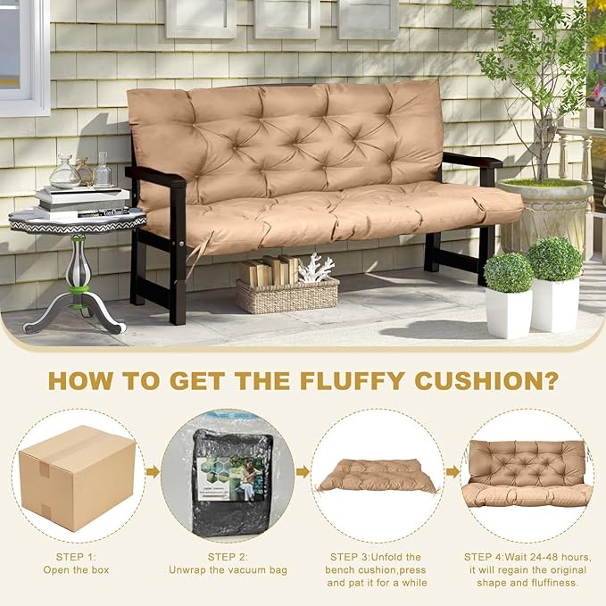 60" Porch Swing Cushion with Backrest, Waterproof Outdoor Bench Swing Cushions 3 Seater Replacement Thickened Swing Cushions with Ties for Patio Garden Backyard,Khaki,60x40in