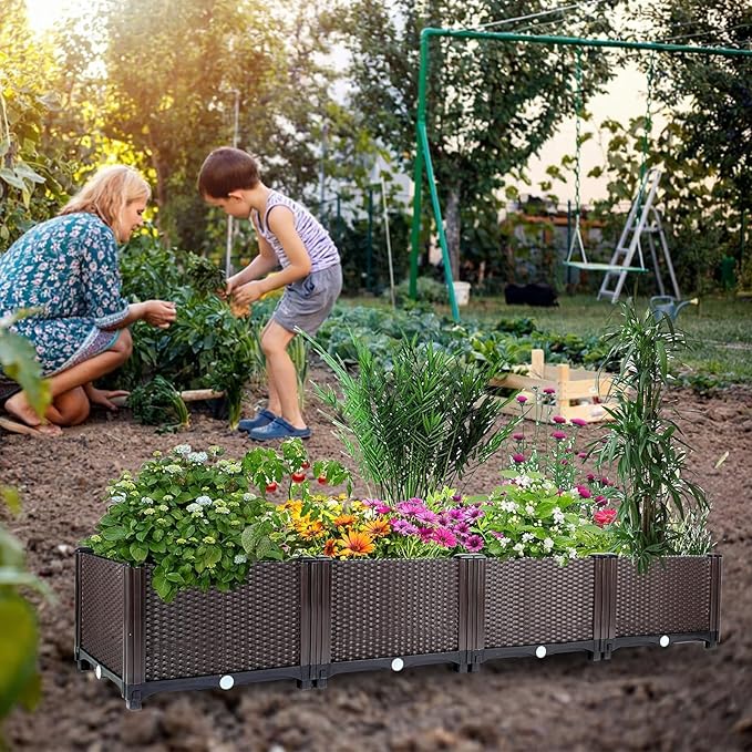 63"x16"x8" Large Outdoor Raised Planter Box, Self-Watering Rectangular Garden Bed with Drainage Plug, Deep Elevated Planter for Patio, Balcony, Deck