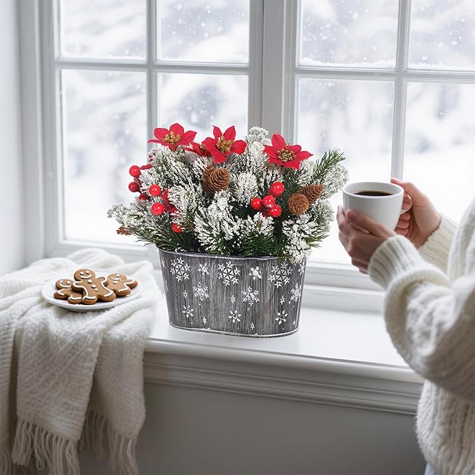 Christmas Centerpiece Table Decorations, Artificial Norfolk Pine with Poinsettia Flowers, Pine Cones & Berries in Metal Planter, Dining Table & Coffee Table Centerpiece for Christmas Décor, 1-Pack