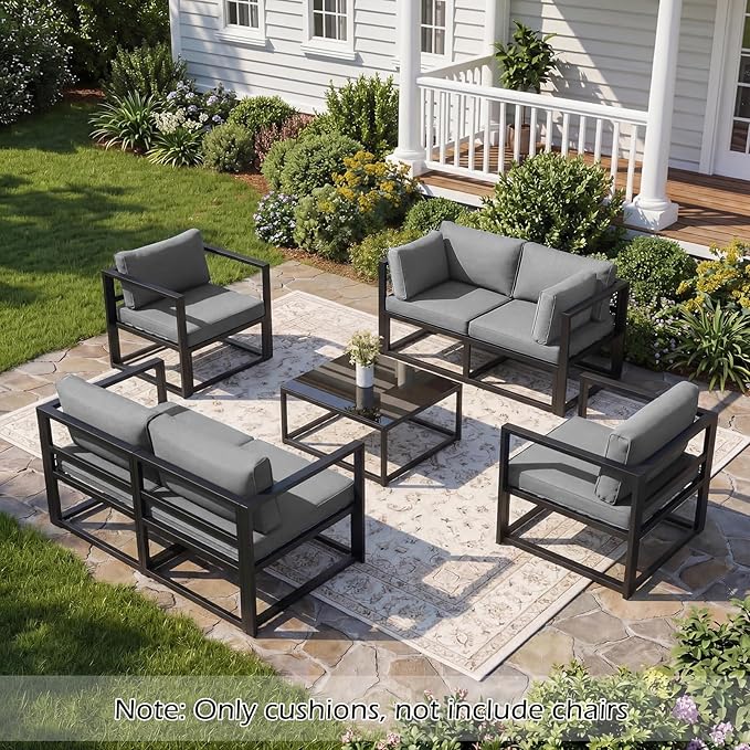 HOMREST Replacement Cushions for Outdoor Furniture, 25x25 Inch 14-Piece Patio Furniture Cushions, Waterproof Fade Resistant Non-Slip Cushion Set for 6-Seat Rattan Wicker Conversation Sets, Dark Gray