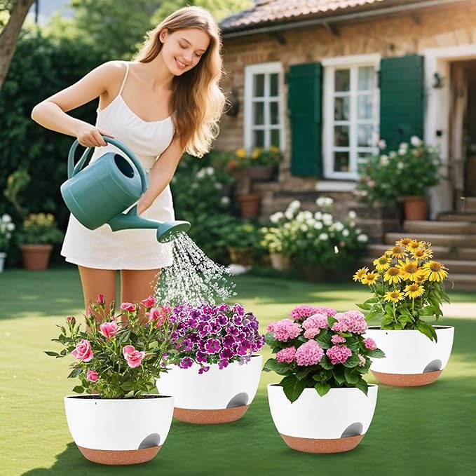 Plant Pots 12inch Self Watering Pots, Set of 2 Plastic Planters with Drainage Holes and Saucers, Flower Pots for Indoor Outdoor Plants (White)