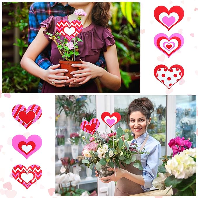 12 Pcs Valentine‘s Day Heart Planter Stakes Valentine Decorative Garden Stake Decor Pink Red White Heart Stake Sign for Patio Lawn Yard Planter Pot Pathway Anniversary Wedding Decor