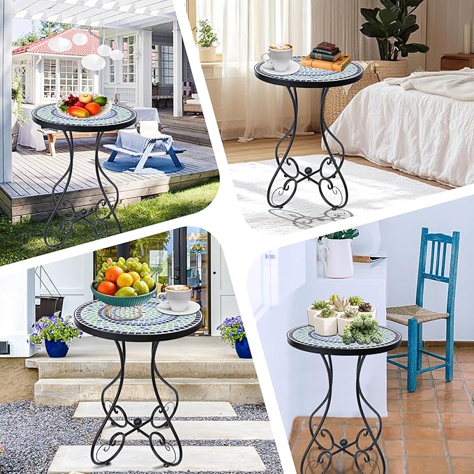 VCUTEKA Mosaic Outdoor Side Table, Round Rustproof Patio Table with 14" Ceramic Tile Top, Indoor Porch Accent Table for Yard, Garden, Living Room, Bistro Balcony, Blue