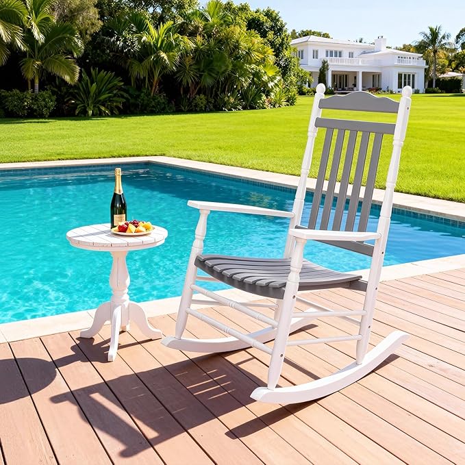 VINGLI Wooden Rocking Chair, Outdoor Chair with 450 lbs Support, Relaxing Rocker with Solid Wood High Back Seat Reclining Seat for Deck, Garden, Backyard, Porch (White & Grey, 1PC)