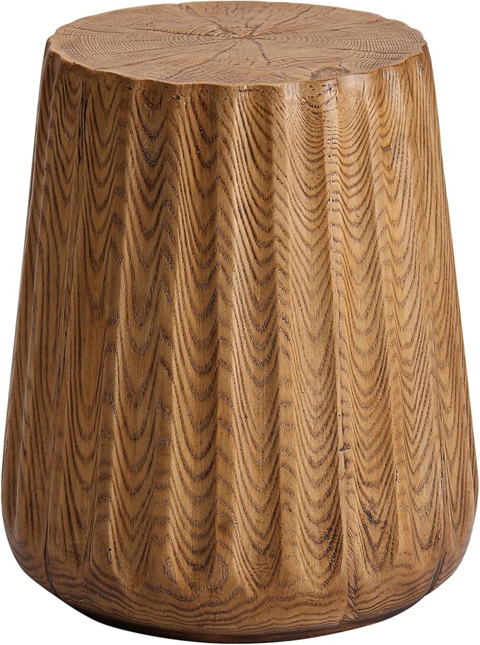 COSIEST Wooden Outdoor Side Table, Round MgO Concrete End Patio Side Table, Lightweight Cylinder Top Plant Stand with Rotund Base for Garden and Deck