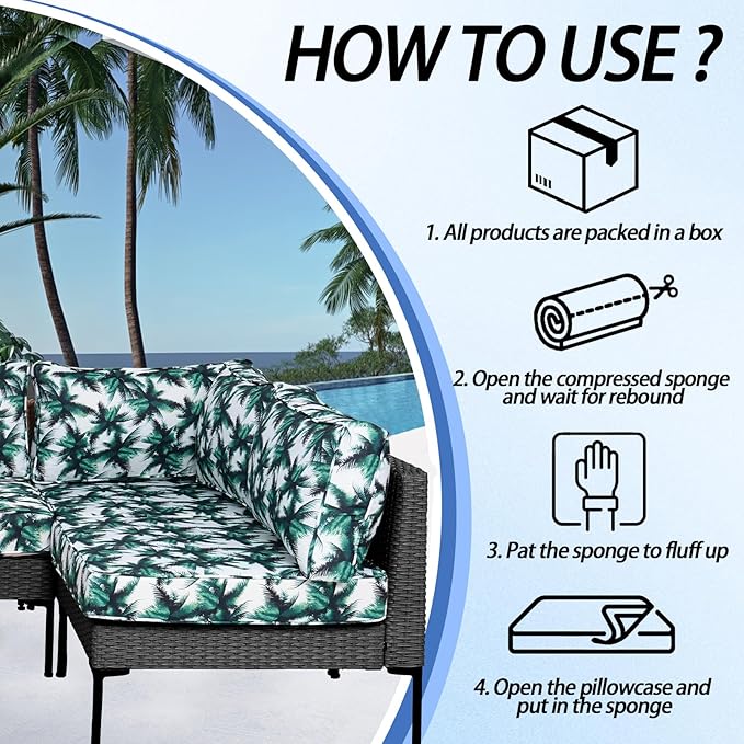 Patio Furniture Cushions,14Pieces Water-Resistant Outdoor Replacement Cushions,Sectional Sofa Cushions for Fits 6-Seats Rattan Wicker Patio Conversation Sets(Palm Leaves)