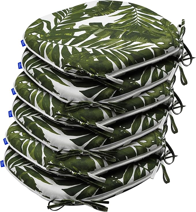 SleepMan Outdoor 17"x16" Chair Cushions with Ties Set of 6, Water Resistant All Weather U-Shape Seat Pads for Patio Garden Furniture Indoor Fade Resistant Patio Cushions (Green Leaf)