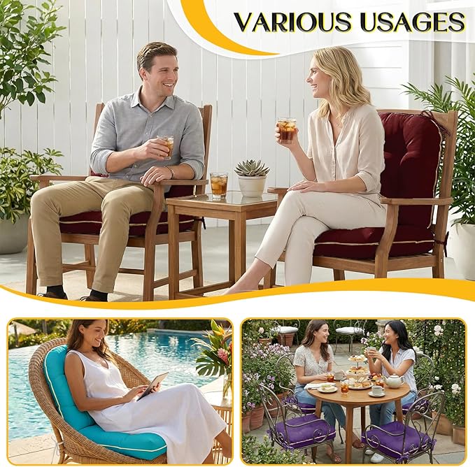 Outdoor Chair Cushions Set of 2, Outdoor Cushions for Patio Furniture and Wicker Chair, Memory Foam Patio Seat Cushion Pads with Ties, 19 x 19 Inch (Teal)