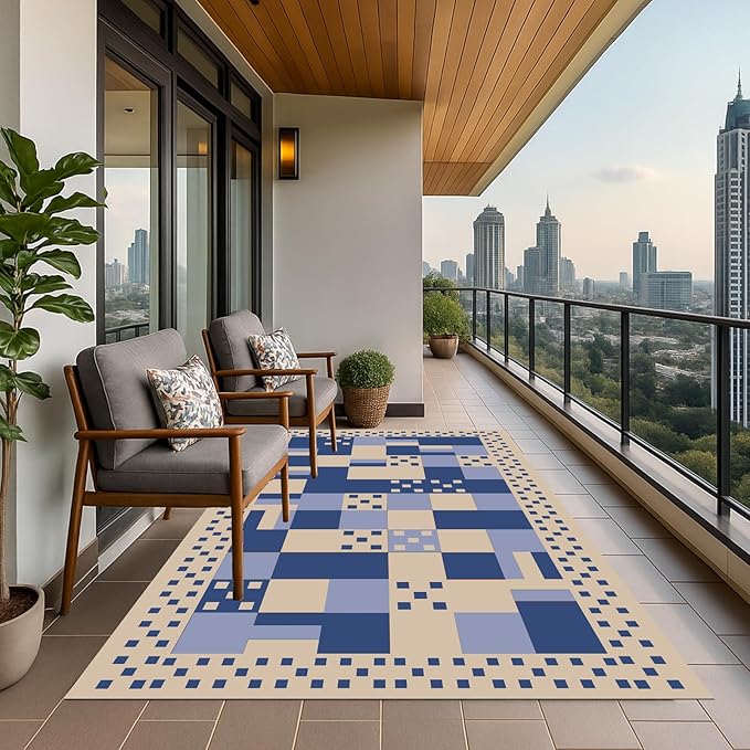 WILDROOTS 5x8 Feet Square Dot Check Plastic Outdoor Rug, Stain Resistant Waterproof Reversible Outdoor Patio Rug, Fade Resistant Camping Rug