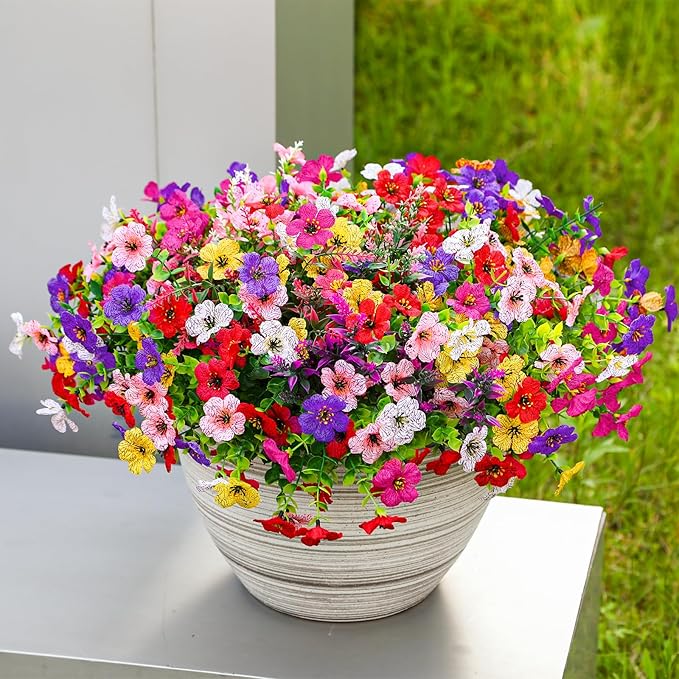 SHareconn 48 Bundles Artificial Flowers for Outdoors Decoration, Faux Plants Fake Silk Colorful Daisy Eucalyptus Lavender,UV Resistant for Outside Home indoor Spring Decor,RedRosyPurpleYellowPinkWhite